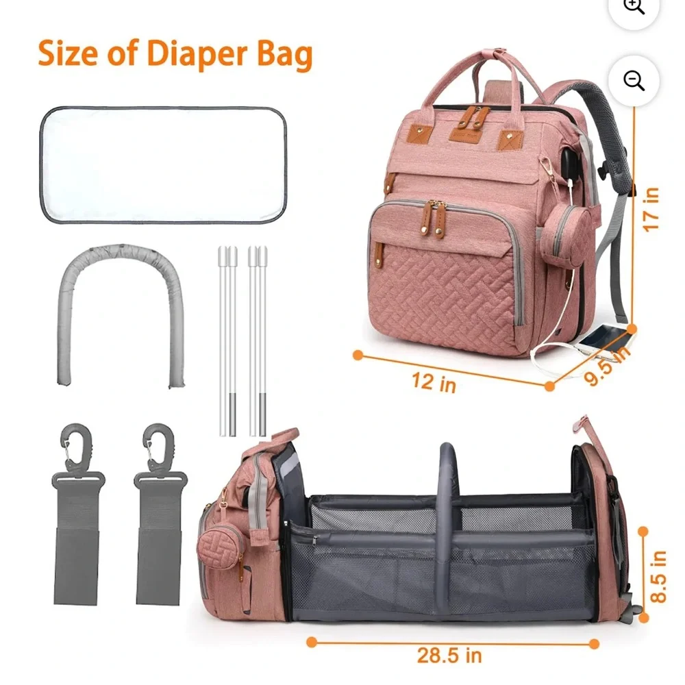 Pink Diaper Bag Backpack with Foldable Crib